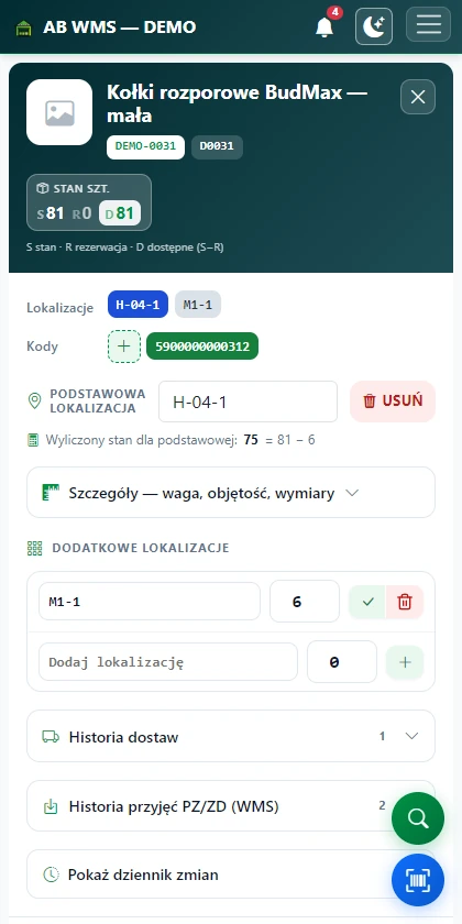 Karta produktu i jego lokalizacje w AB WMS na telefonie