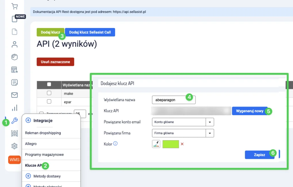 Generowanie klucza API w Sellasist (Integracje → Klucze API)