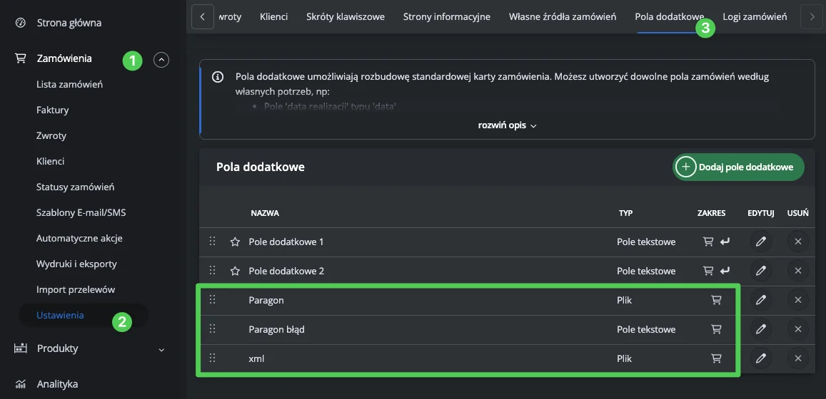 Trzy pola dodatkowe zamówienia w Base na e-paragon, błąd i plik techniczny