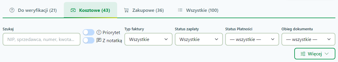 Lista faktur: kategorie dokumentów i filtry do zawężania wyników.