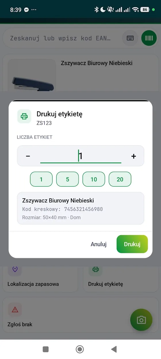 AB Scan - drukowanie etykiet z kodem kreskowym dla produktu