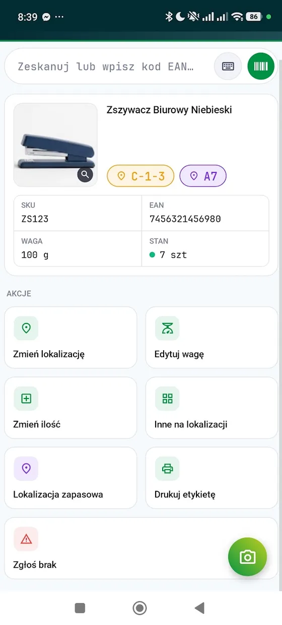 Karta produktu w AB Scan po zeskanowaniu kodu EAN - lokalizacja, SKU, waga i stan magazynowy