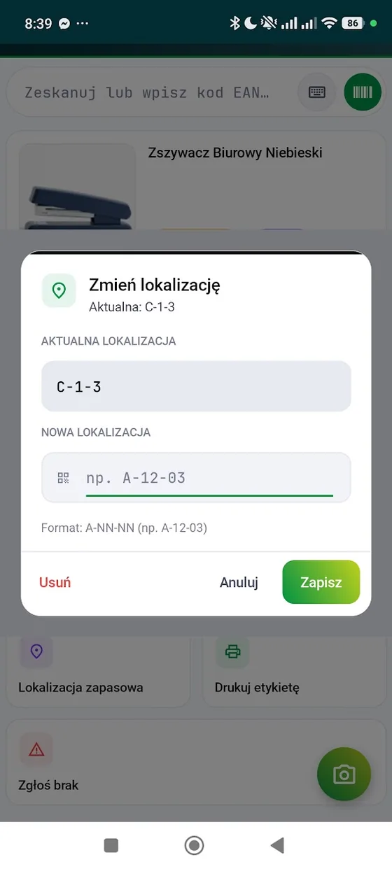 AB Scan - okno zmiany lokalizacji produktu na magazynie